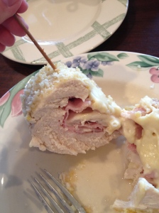 A look at the inside- Chicken, cheese, and ham all rolled in one :) 